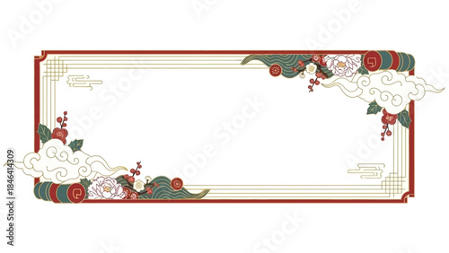 Elegant Asian-Inspired Rectangular Frame with Floral and Cloud Accents, Perfect for Design