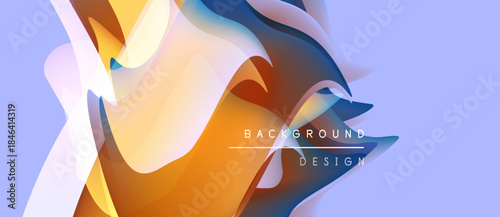 Abstract fluid shapes overlap, creating dynamic orange, blue, yellow composition. Light gradients suggest depth, modern design aesthetic.