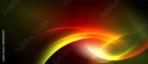 Abstract vibrant curves, glowing lines. Red, orange, yellow hues blend into dark background. Dynamic energy radiates from center.