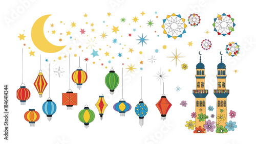 Ramadan Illustration: Festive lanterns, a crescent moon, stars, and mosque towers evoke the spirit of Ramadan in a vibrant illustration, celebrating cultural and religious traditions.