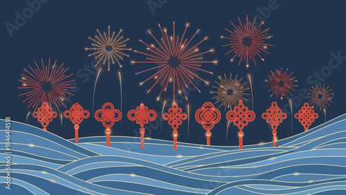 Fireworks Display Over Wavy Pattern with Chinese Knot Decorations Celebrating New Year