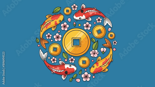 Beautiful Cartoon Illustration of Koi Fish and Chinese Coins on Blue Background