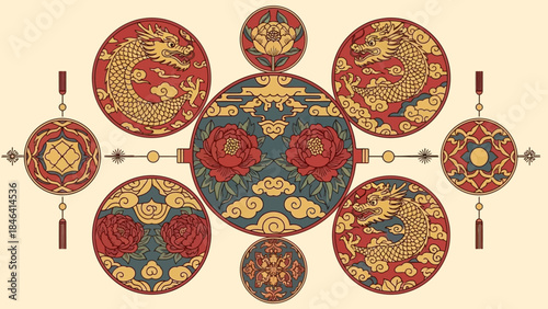 Elegant Chinese Decorative Ornaments Dragons, Flowers, and Clouds in a Traditional Design