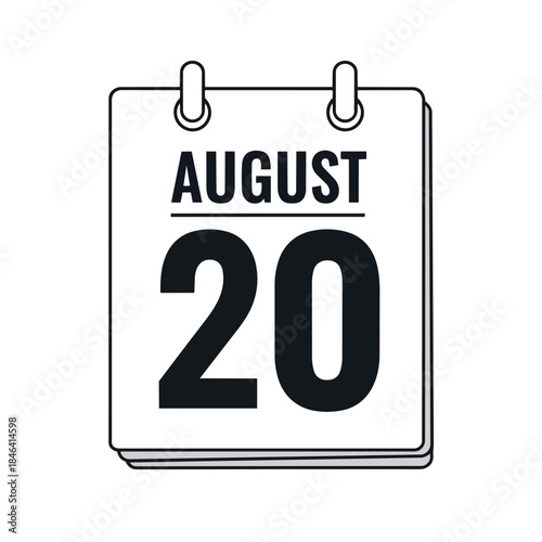 August twentieth date page icon representing important events and scheduling for summer month activities. This graphic symbolizes timely reminders