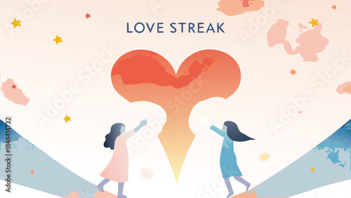 Two girls reaching out to a glowing heart comet in the night sky with stars and clouds