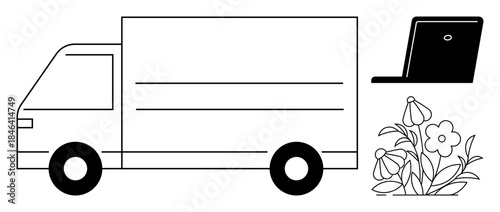 Logistics, e-commerce, sustainability, remote work, online shopping, nature. Black and white line art of a truck, laptop and flowers. Logistics and e-commerce illustration