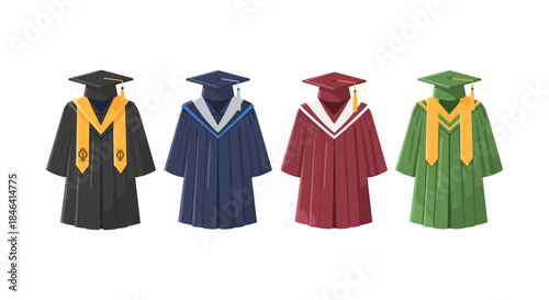 Four academic graduation gowns and caps in different colors and styles