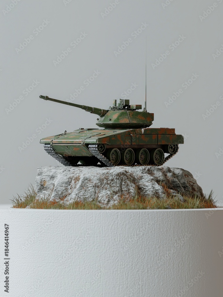 Naklejka premium Camouflaged tank model sits atop a rock base with grass details against a white backdrop