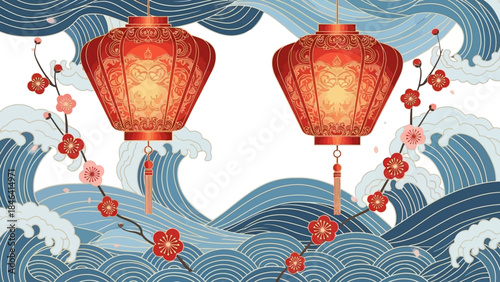 Celebration of Lunar New Year A Festive Display of Lanterns and Blossoms Against a Wave Pattern