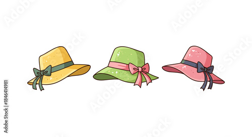Three colorful straw hats with bows for summer fashion and travel