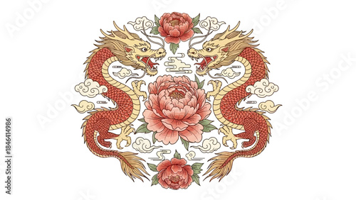 Elegant Chinese Dragon Design with Floral Accents, Perfect for Cultural Projects
