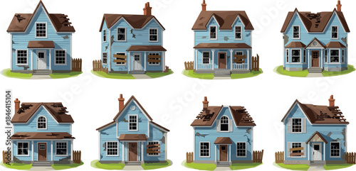 Dilapidated and Abandoned House Vector Illustration Set; Run-down, Old, Damaged, and Deserted Residential Buildings with Broken Roofs and Boarded Windows for Property Concepts.