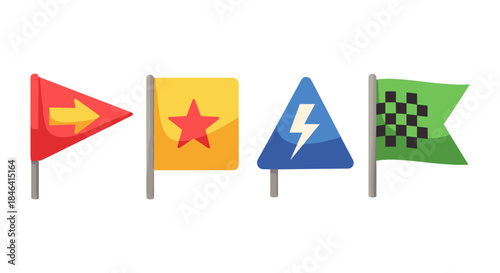 Collection of four distinct flags and warning signs with simple graphics
