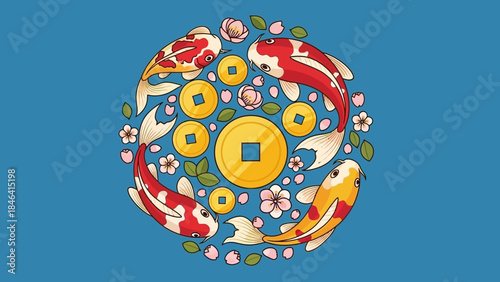 Koi Fish with Gold Coins and Cherry Blossoms on Blue Background A Symbol of Prosperity