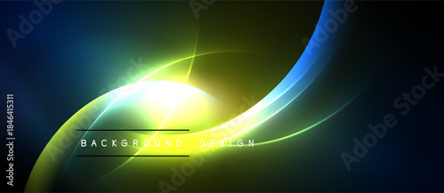 Abstract background features vibrant curves, glowing light, dark space. Modern design elements create dynamic visual effect.