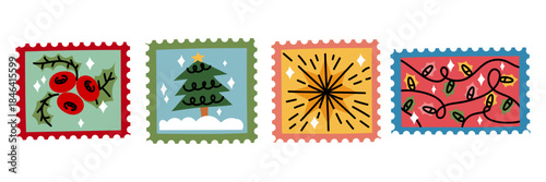 A set of colorful flat Christmas stamps with traditional symbols. A Christmas tree, berries, a star, and a garland of lights. Perfect for greeting cards, winter scrapbooking, and seasonal decor