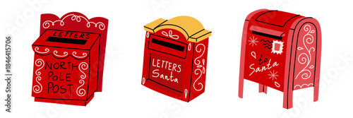 set of red mailboxes for Santa Claus's letters. featuring North Pole mail and Santa Claus lettering. Red and yellow flat illustration. Perfect for postcards, stickers, labels, and holiday graphics