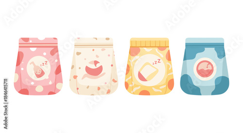Cute cartoon baby food pouches with playful designs and sleeping icons