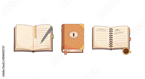 Collection of illustrated notebooks and a cup of coffee on a white background