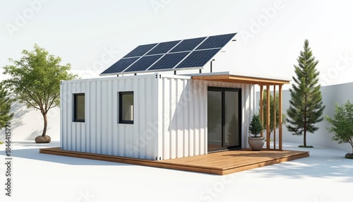 Modern white container home with solar panels on roof. Minimalist prefab dwelling has wooden deck outside. Eco friendly house stands on clean white background.