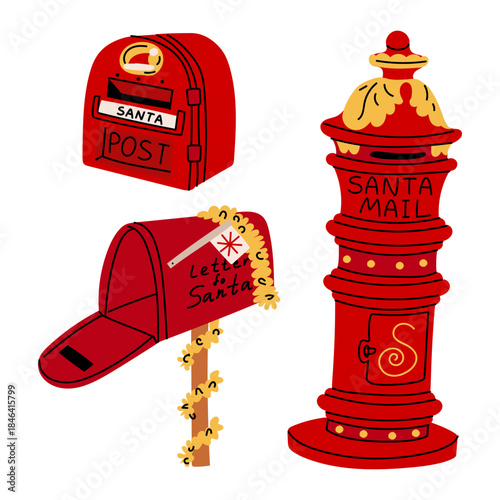 Set of red mailboxes for Santa Claus's letters. North Pole mail and Santa Claus lettering. Red, yellow flat illustration. Perfect for postcards, stickers, labels, and holiday graphics