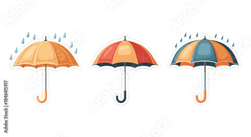Three colorful umbrellas protecting from falling raindrops in a cartoon style