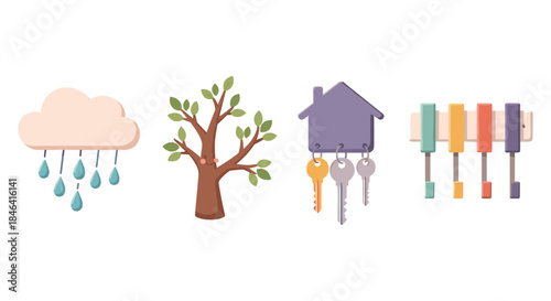 Cute cartoon icons of weather, tree, house keys and key holder