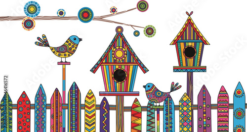 Colorful Folk Art Birdhouses and Birds Illustration on a Brightly Patterned Picket Fence with Decorative Tree Branch