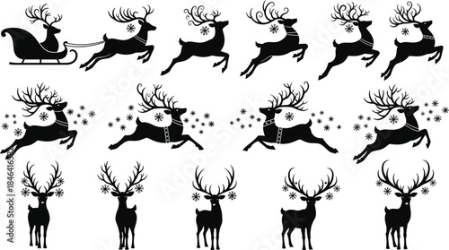 Extensive vector set of Christmas reindeer and Santa Claus sleigh black silhouettes, depicting holiday travel, festive celebration, winter magic, and traditional seasonal cheer