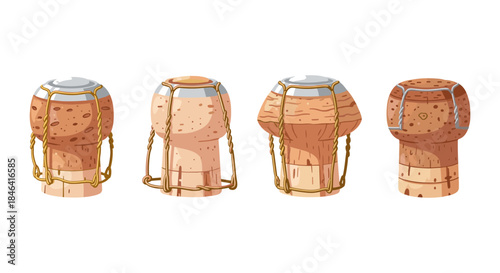 Four different champagne corks with wire cages on a white background