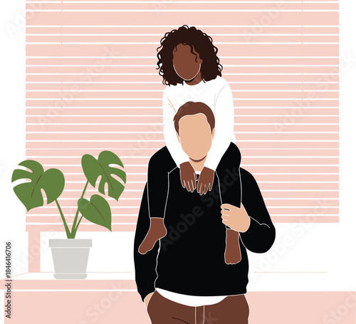 Father Giving Daughter a Piggyback Ride Indoors; Family Bonding; Parent-Child Love; Joyful Childhood Moment; Domestic Scene; Minimalist Flat Vector Illustration.