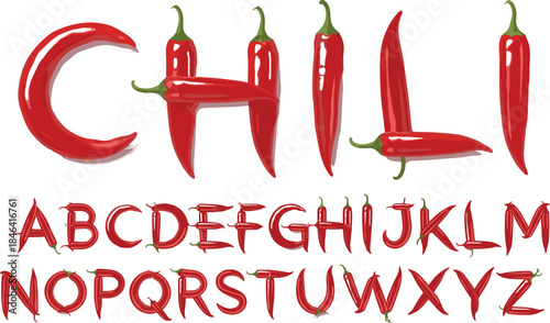 Creative Red Chili Pepper Alphabet Design Vector Illustration: Spicy Food Lettering for Cooking, Restaurant Menu, and Hot Sauce Packaging Branding.