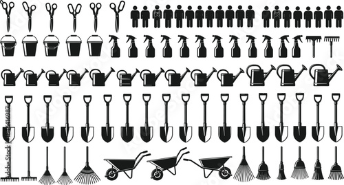 Large Collection of Vector Gardening and Cleaning Tool Silhouettes Including Shovels Rakes Buckets and Workers Isolated on White Background