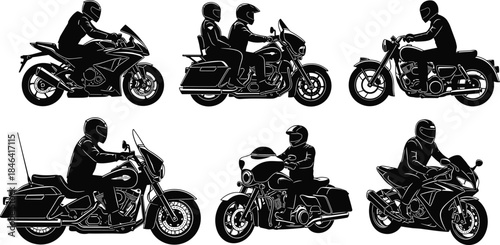 Set of Six Black Vector Motorcycle Silhouettes with Riders Wearing Helmets Driving Sport and Cruiser Bikes Isolated on White Background