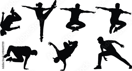 Set of Seven Vector Silhouettes of Breakdancers and Hip Hop Dancers Jumping and Performing Tricks Isolated on White Background