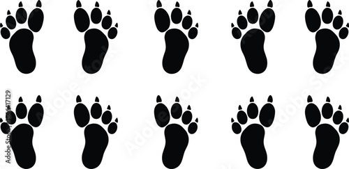 Set of Ten Black Vector Animal Paw Footprints with Claws Showing Tracks Isolated on White Background