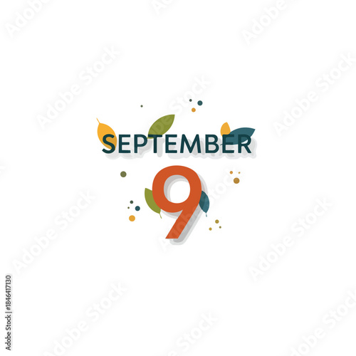 Modern September 9th date illustration with subtle autumnal leaf and dot accents for calendar events planning