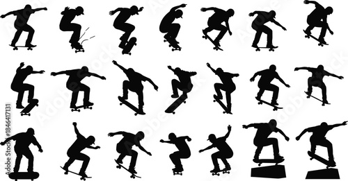 Set of Twenty One Vector Silhouettes of Skateboarders Performing Tricks and Jumps Isolated on White Background