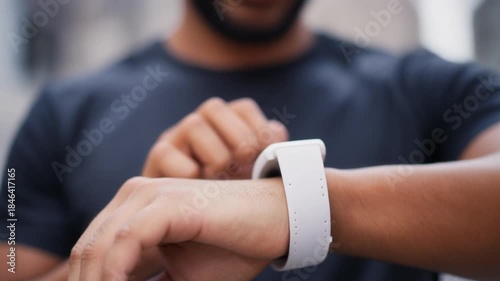 Close-up of a mans hand interacting with a white smartwatch on his wrist, showcasing wearable technology.