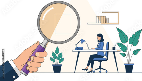 Flat design illustration of large magnifying glass analyzing small business woman working at desk on laptop, concept for inspection, audit, investigation, research, and analysis.