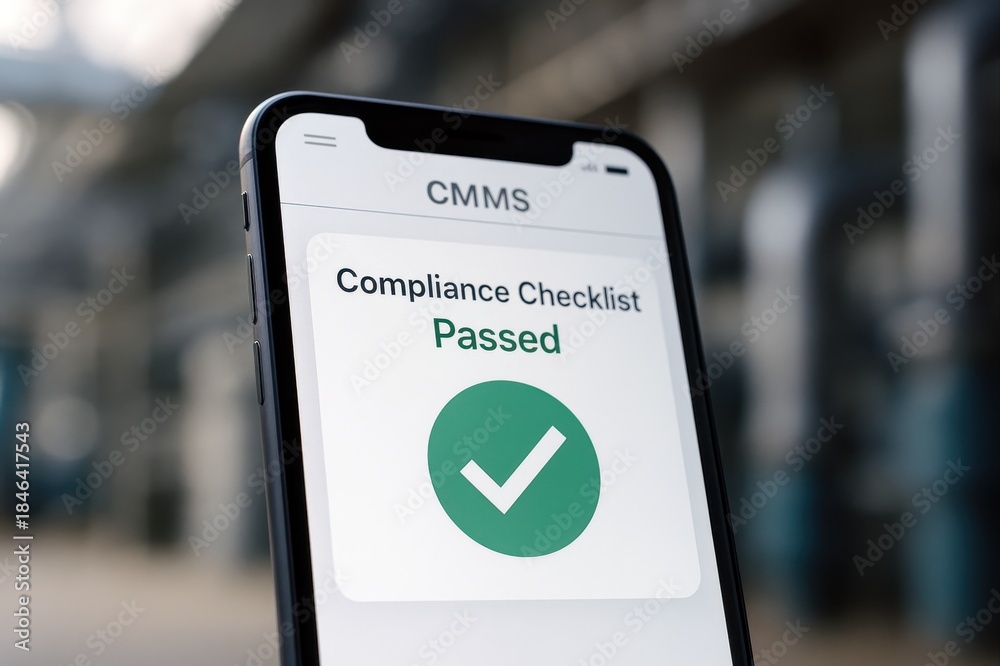 Naklejka premium Smartphone displaying digital compliance checklist passed result in factory.