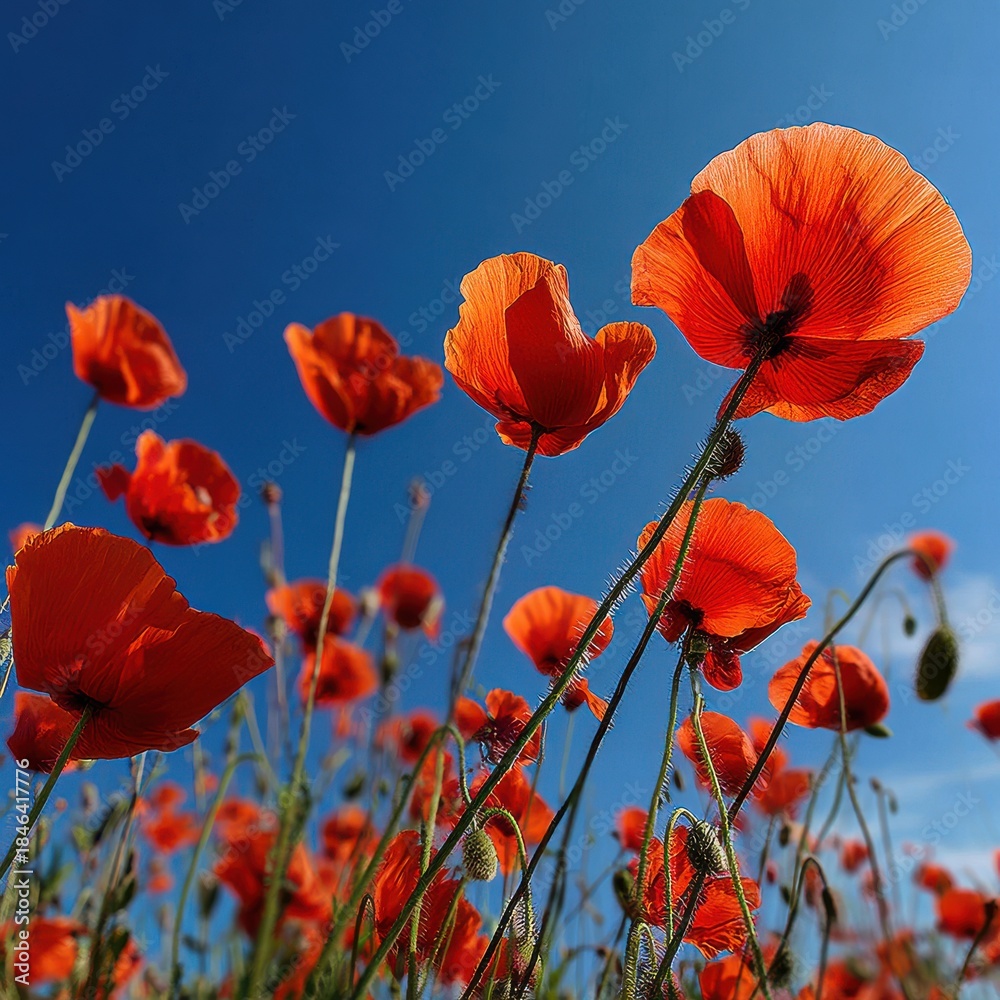Naklejka premium Vibrant red poppies bloom against a clear blue sky, viewed from a low angle.