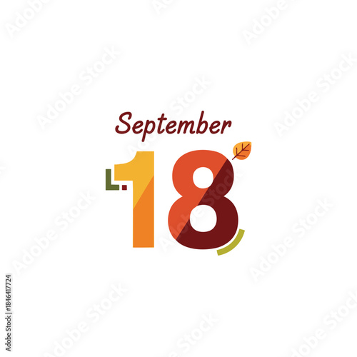 Vibrant September 18 calendar date in warm autumn hues, featuring stylized numbers and a falling leaf, celebrating seasonal transitions and calendar