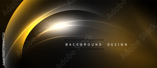 Abstract golden lines create dynamic flow. Dark background emphasizes bright curves, modern design element. Simple text reads background design.