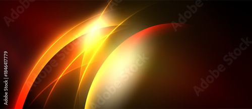 Abstract design features vibrant orange, yellow curves against dark background. Bright light radiates from center, creating dynamic effect.