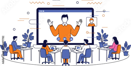 Flat line illustration of people participating in a video conference or virtual business meeting, with a speaker on screen and colleagues at desks, for remote work and online education.