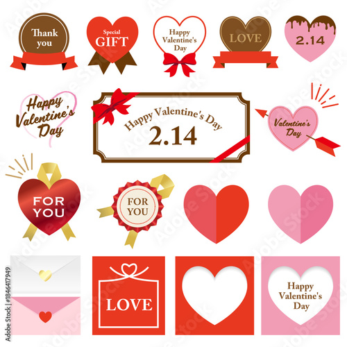バレンタインデーのイラストレーションセット。ハートのフレーム、プレゼントやチョコレート、ギフトボックスなど。/ Valentine's Day illustration set. Heart frames, presents, chocolates, gift boxes, and more..
