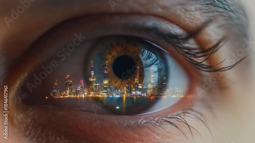 Close-up of a human eye with a vibrant illuminated city skyline reflecting in the iris, symbolizing urban vision and future technology.