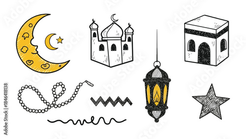 Ramadan Symbols Illustration: Hand-drawn illustrations depicting the spiritual essence of Ramadan. Featuring a crescent moon, mosque, Kaaba, prayer beads, lantern and star