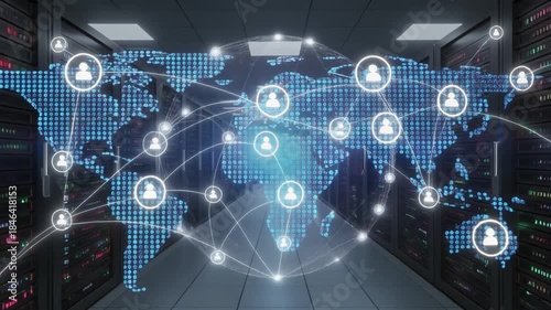 Digital world map with expanding global network and user connections superimposed on server racks in a data center, depicting technological infrastructure.